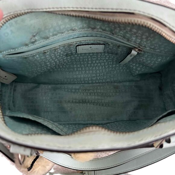 Kate Spade Light Blue Satchel Handbag Shoulder Strap PomPom Charm Vintage Spring - Picture 9 of 16